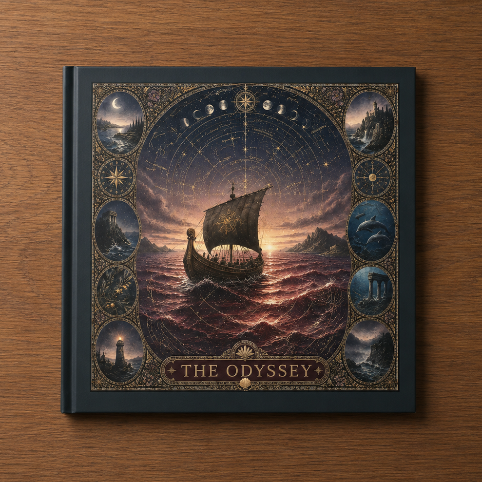 Book titled 'The Odyssey' with a ship design on a wooden surface