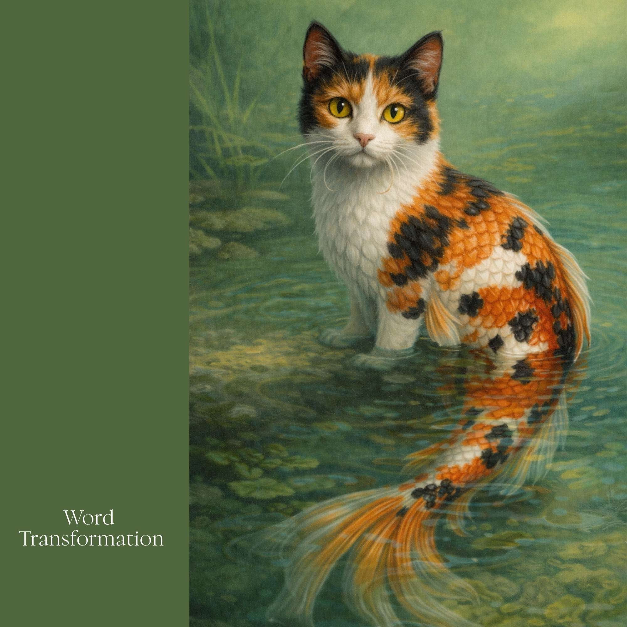 Cat with fish tail standing in water, artistic depiction with 'Word Transformation' text.